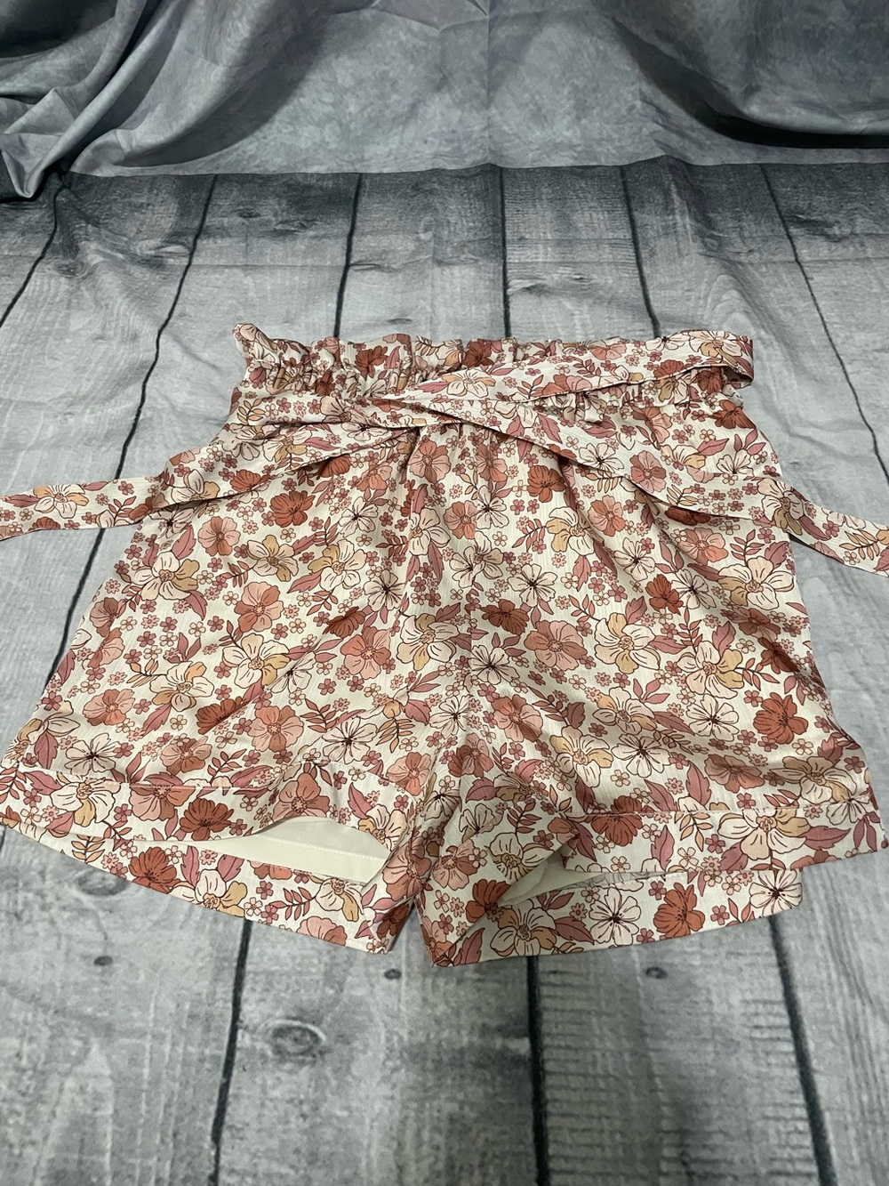 Free People Floral Paperbag High-Waist Shorts - Cream & Brown